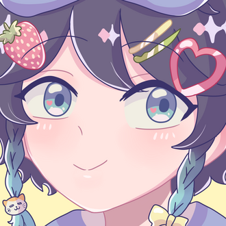 kawaii icon of venti with various colored clips (a heart, a strawberry, a cat) in his hair. art made by uluzart.